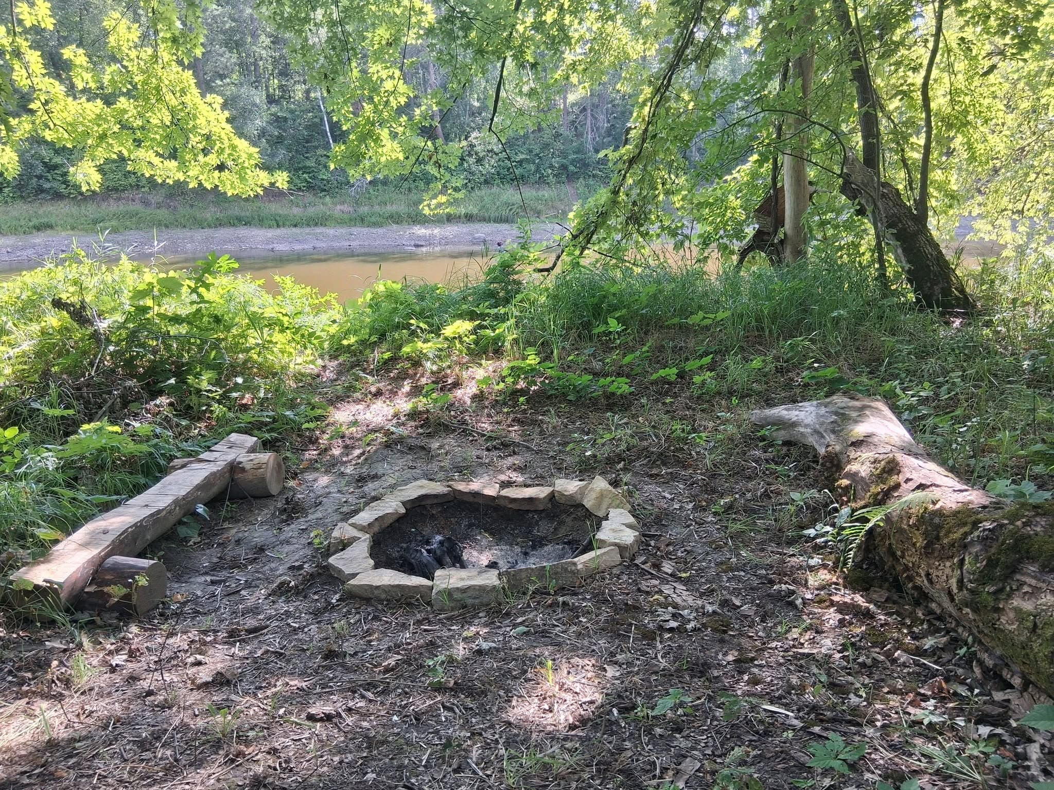 Fire pit surrounded by log seating near the river