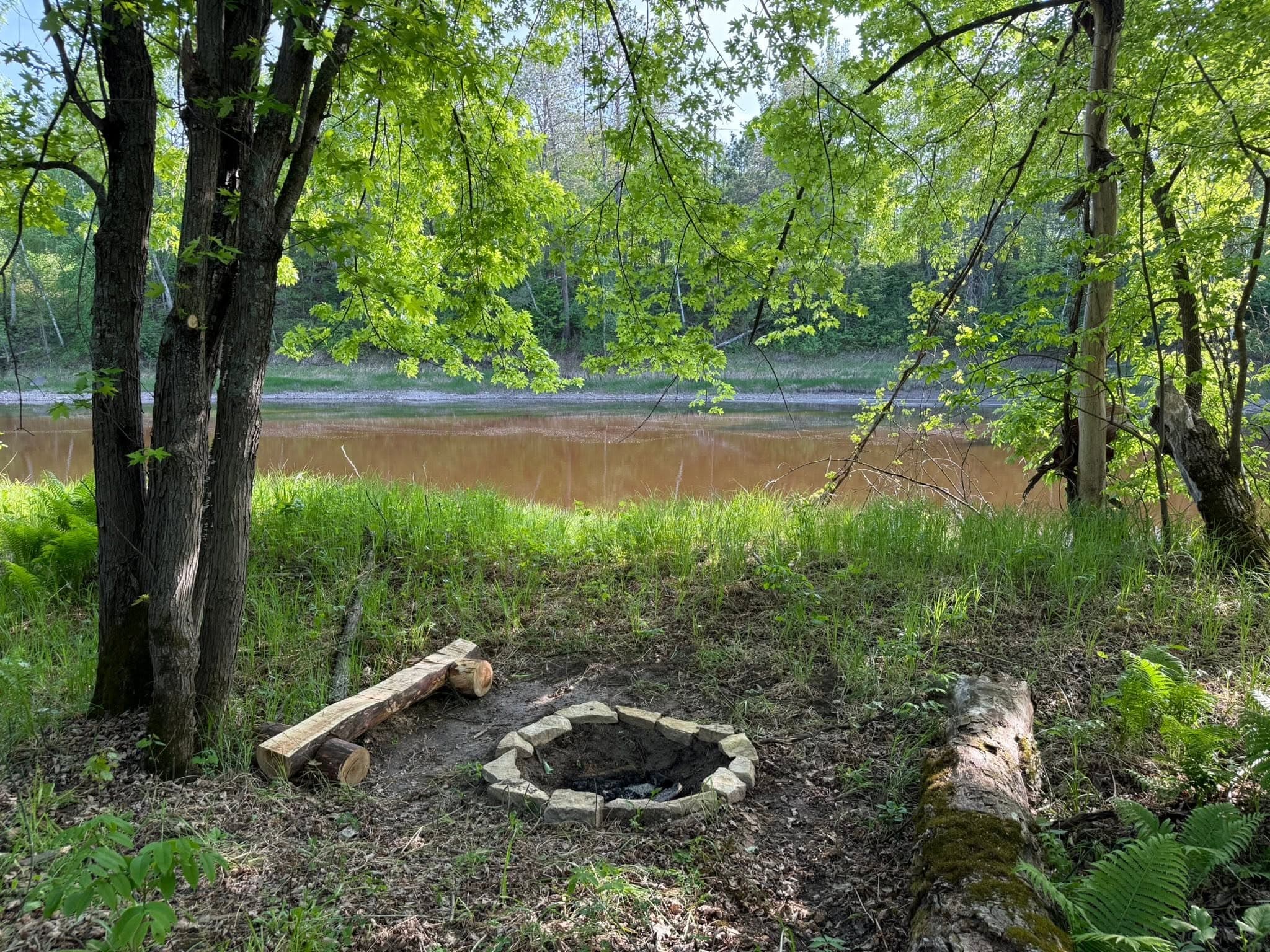 Riverside campsite with fire ring and log seating by the river