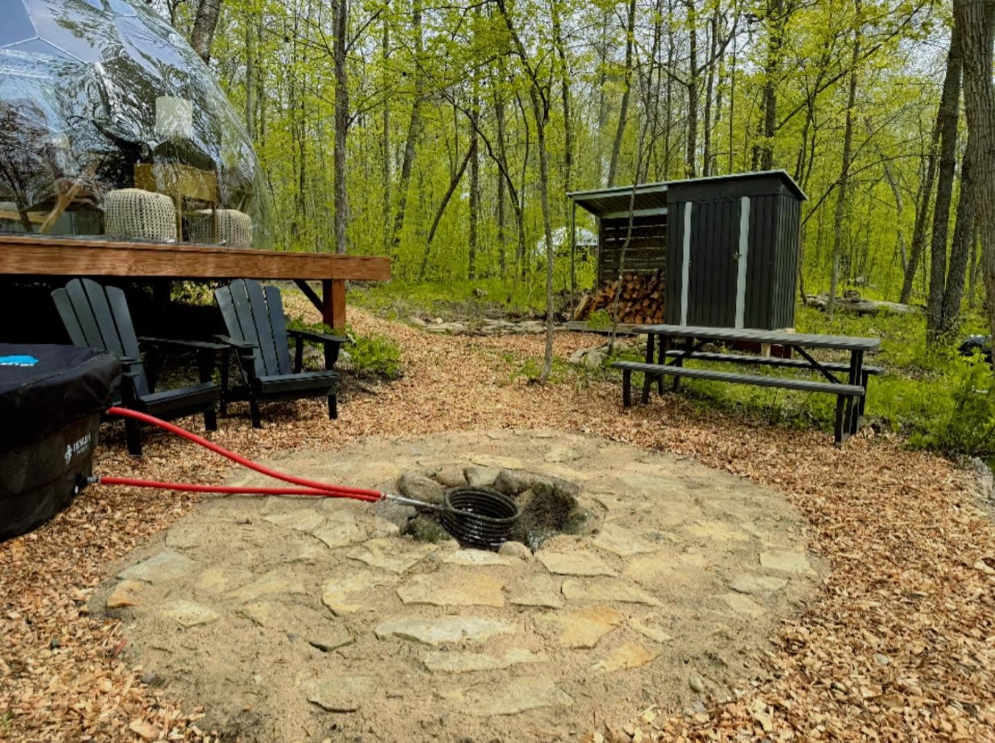 Campsite with Adirondack chairs, fire pit, and spring foliage