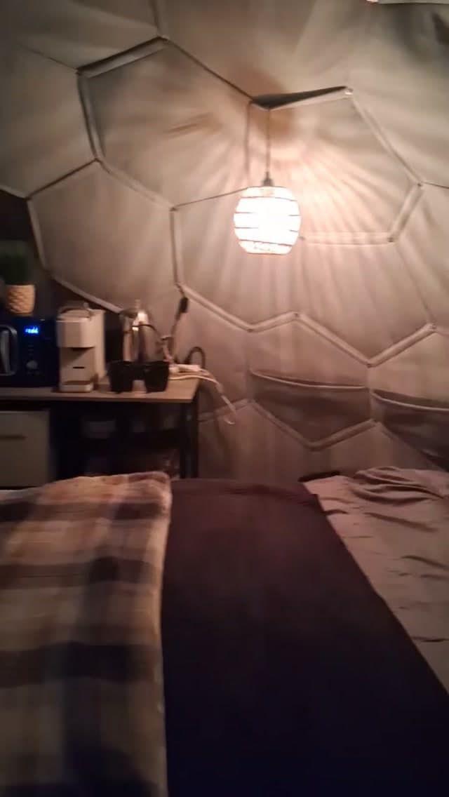 Interior of the dome with king bed and ambient lighting
